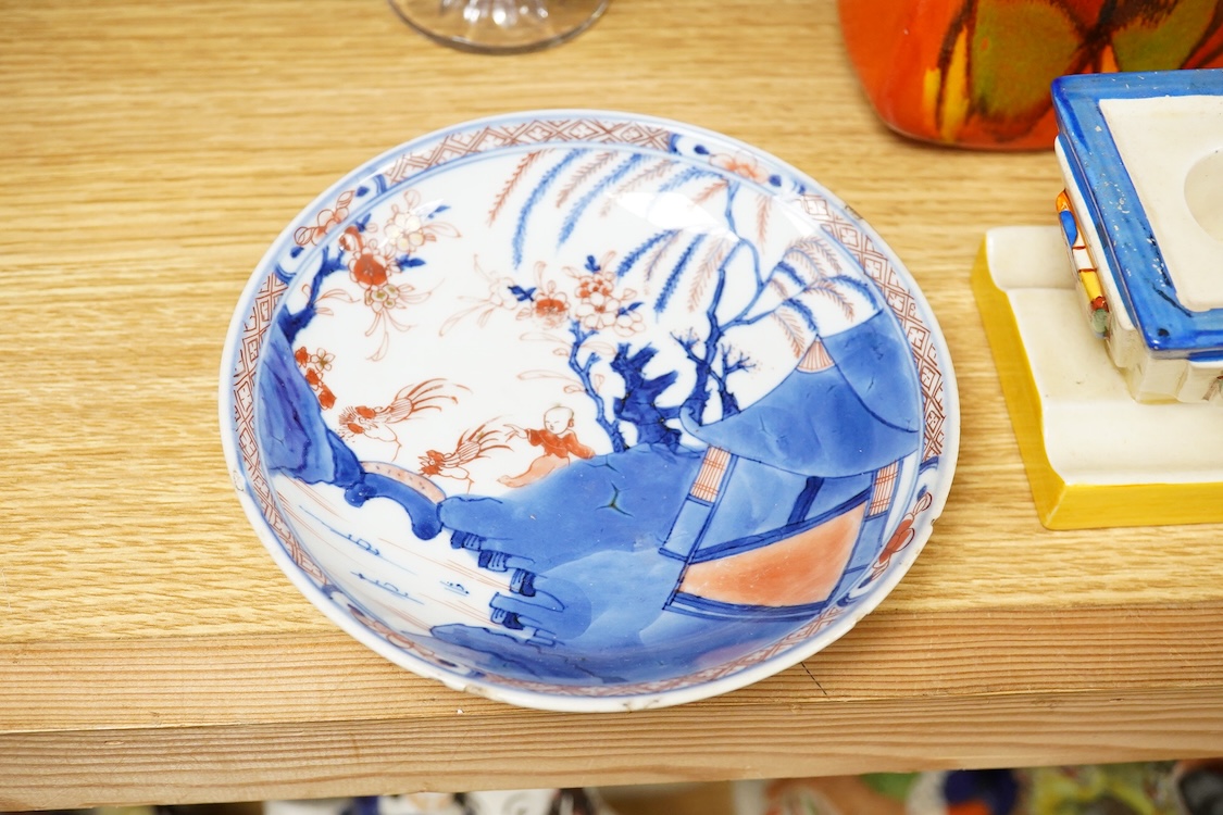 A group of mixed collectables including a Clarice Cliff Fantasque dwarf candlestick, silver mounted meerschaum pipe, etc.